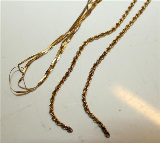 Three 14K gold chains, one with pearl pendant, another 3-colour & a 9ct gold chain